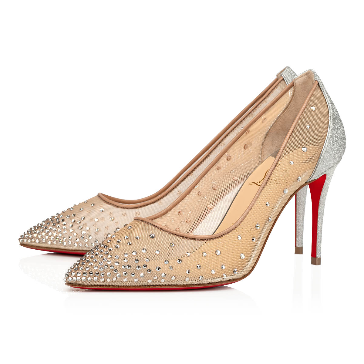 Follies Strass - 85 Pumps - Fishnet, glittered leather and strass - Silver - Christian Louboutin