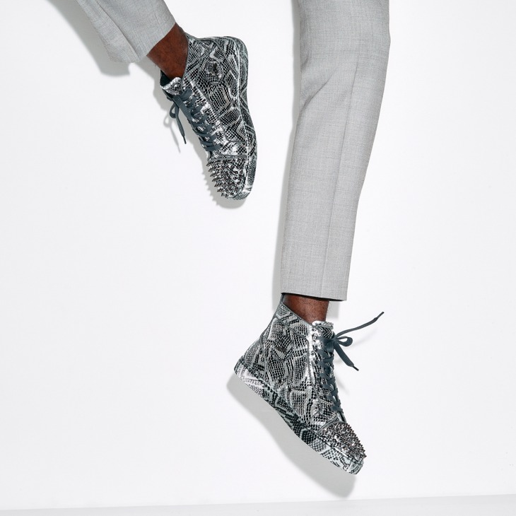 Lou Spikes High Top Sneakers Snake printed calf leather and spikes Silver Men Christian Louboutin Ireland