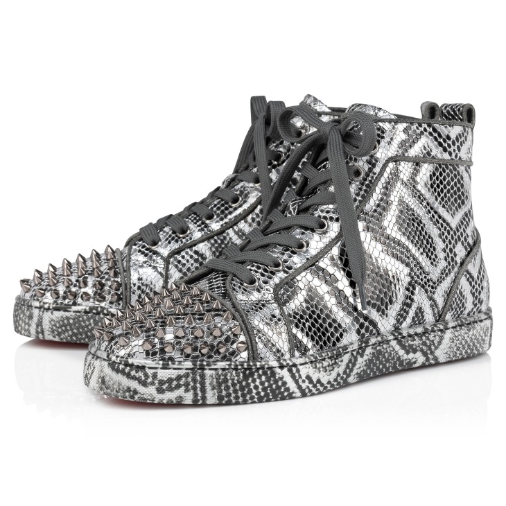 Lou Spikes High Top Sneakers Snake printed calf leather and spikes Silver Men Christian Louboutin Greece