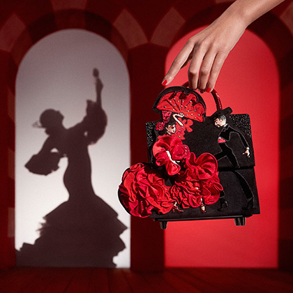Paloma TH modèle mini - Sac porté main - Veau velours, strass et broderie Flamenco - Noir